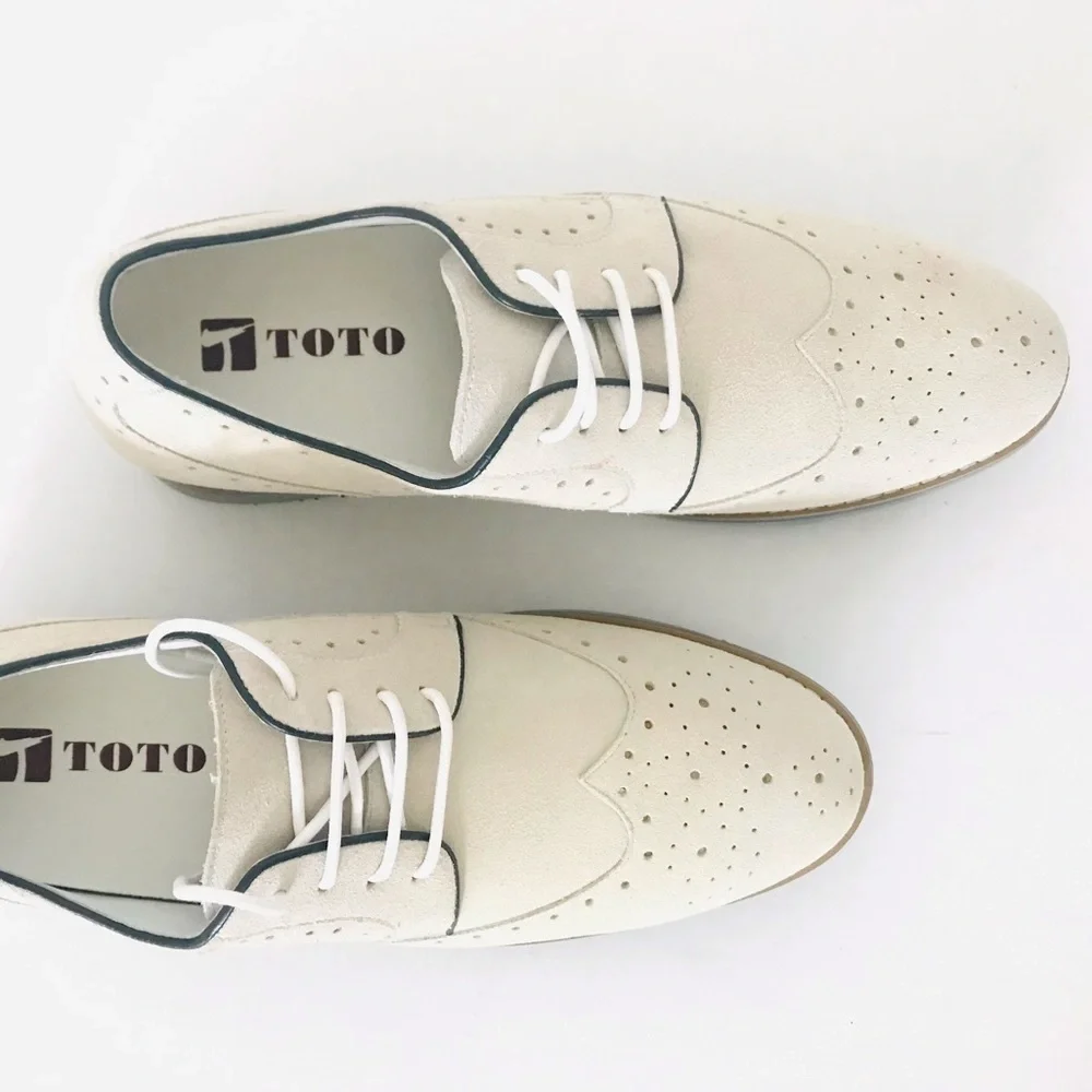 TOTO | H20021 Suede Wingtip Dress Shoes Mens Size 8 Beige Lace Up Leather